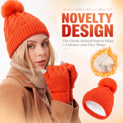 Womens Winter Fleece Lined Knitted Beanie Hat Glove Set, Warm Pom Pom Beanie Knit Cap Touchscreen Gloves for Women - color: Orange