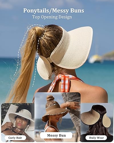 FURTALK Womens Sun Hat with Ponytail Hole Wide Brim Beach Straw Visor - color: Beige With Black