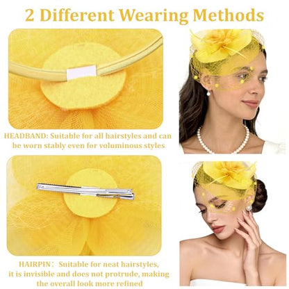 Semato Fascinators Hats for Women Mesh Feathers Elegant Yellow Tea Party Kentucky Hat Derby Headband with Hair Clip - color: Yellow
