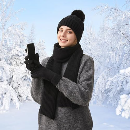 HUAMULAN Women Winter Knit Beanie Hat Circle Scarf Set Pompoms Ear Flaps - color: Black With Scarf and Gloves