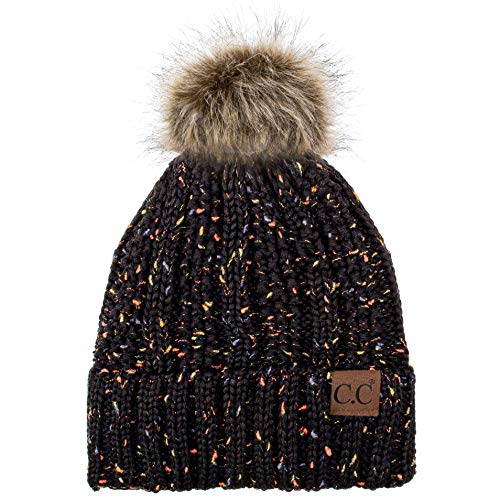 C.C Exclusives Fuzzy Lined Knit Fur Pom Beanie Hat (YJ-820) - color: Confetti Black