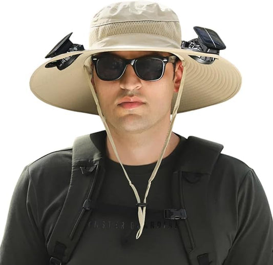 Outdoor Wide Brim Sun Hat with 2 Solar Fan Sun Bucket Hat for Men Women UPF 50+ Bucket Fishing & Beach Hat with Fan Built in - color: A Khaki