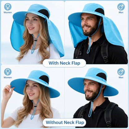 HUAMULAN Women Men Wide Brim Sun Hat Hiking Fishing Hats with Neck Flap - color: Yq005-blue