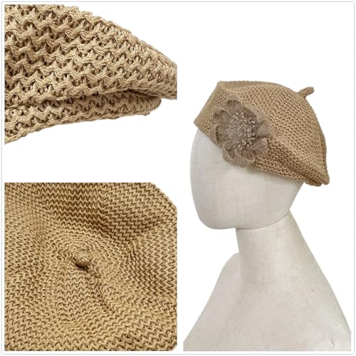 Women Summer French Beret Lady Slouchy Crochet Beret Hats 3D Flower Artist Painters Woven Beach Beanie Cap - color: Khaki