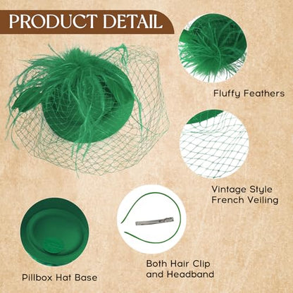 Fascinator Hat Veil Feather Fascinator Tea Party Bridal Wedding Veil Retro Hat Pillbox Hat - color: Green