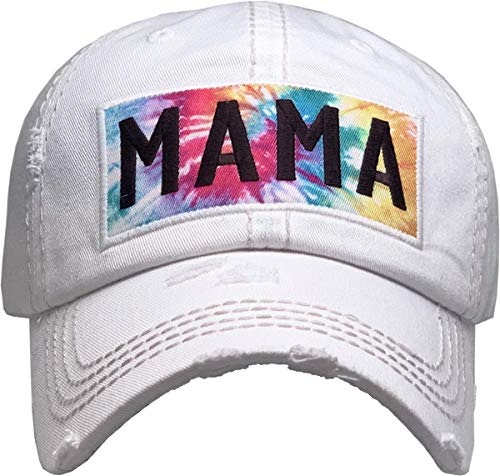 Funky Junque Distressed Baseball Cap, Vintage Embroidered Dad Hat - color: Tie Dye Mama Patch - White