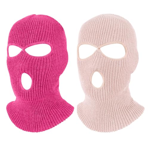 Pukavt 2 Pack 3 Hole Winter Knitted Mask, Ski Mask Balaclava Cap - color: Rose Red/Pink