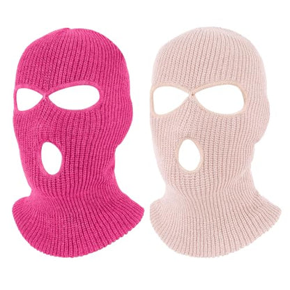 Pukavt 2 Pack 3 Hole Winter Knitted Mask, Ski Mask Balaclava Cap - color: Rose Red/Pink