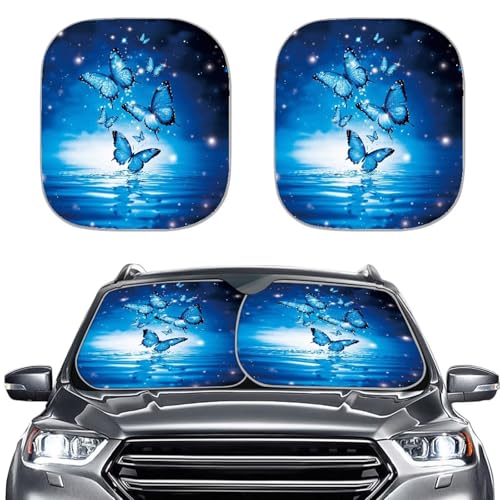 Renewold Blue Butterfly Car Windshield Sun Shade, 2-Piece Foldable Front Window Cover, Helps Block Sunlight, Heat and UV Rays, Fits Most Sedans, SUVs, Vans and Trucks - color: Blue Butterflies Fashion
