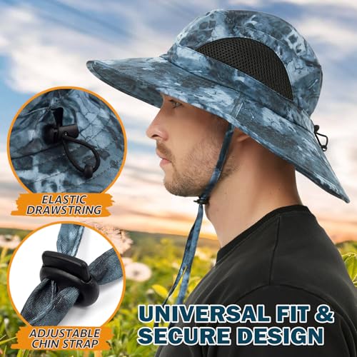 Wide Brim Sun Bucket Hat, Waterproof Boonie Hat for Men & Women - color: 05 Navy Blue (Camo)