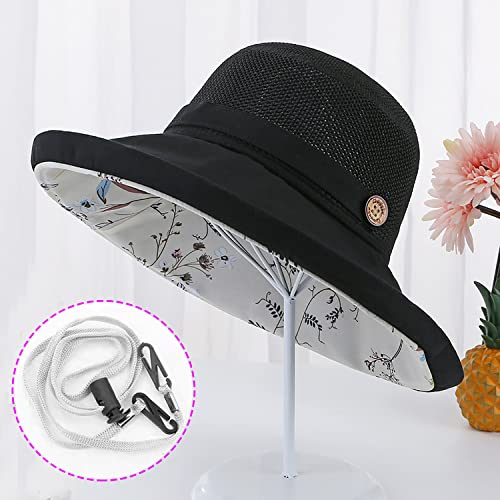 Women Wide Brim Sun Hats Metal Wired Edge Summer UV Protection Beach Fishing Hat for Hiking Garden Travel Chin Strap - color: M9163-black, size: One Size