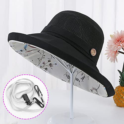 Women Wide Brim Sun Hats Metal Wired Edge Summer UV Protection Beach Fishing Hat for Hiking Garden Travel Chin Strap - color: M9163-black, size: One Size
