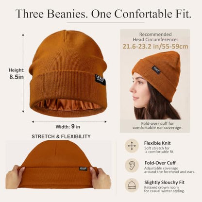 3 Pack Satin Lined Beanies for Men and Women Silk Warm Cuffed Winter Hats - color: Black+brown+dark Grey