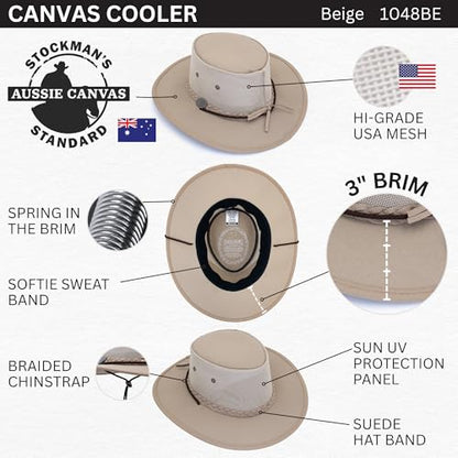 1048 Canvas Cooler - Australian Drover Sun Hat - Durable Canvas, Airflow Mesh, Lightweight, Wide Brim - color: Beige, size: Large