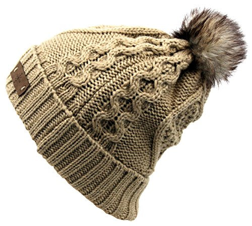 Women's Winter Fleece Lined Cable Knitted Pom Pom Beanie Hat - color: Khaki