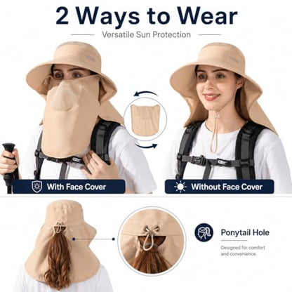 HUAMULAN Women Wide Brim Sun Hat Ponytail UV Protection Visor Fishing Cap - color: Khaki