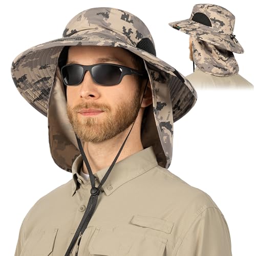 SUN CUBE Wide Brim Sun Hat for Men & Women, UPF 50+ UV Protection, Mesh Boonie Hat with Chin Strap, Fishing Hiking Hat - color: Camo Grey With Flap
