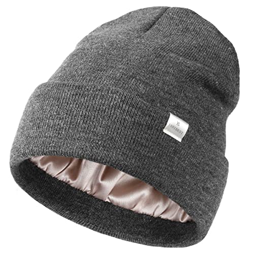 YANIBEST Satin Lined Beanie for Women, Reduce Frizz Winter Hats - color: Ad-dark Grey