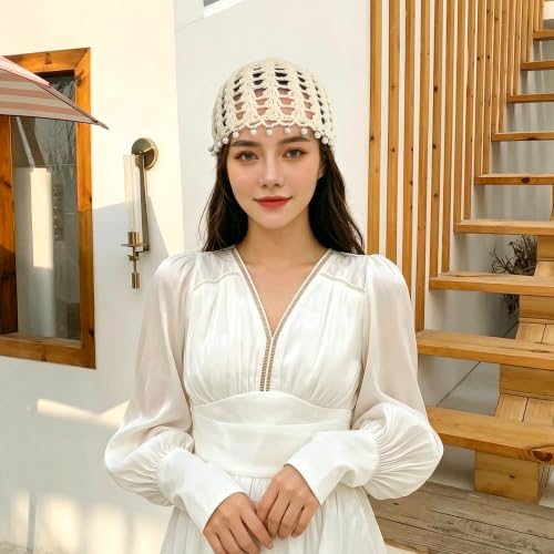 Crochet Hat Cap Cute Summer Beanies with Pearl Decor Boho Knit Mesh Hat - color: White Pearl