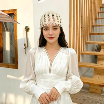 Crochet Hat Cap Cute Summer Beanies with Pearl Decor Boho Knit Mesh Hat - color: White Pearl
