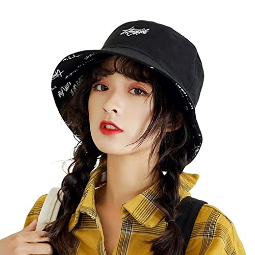 Packable Reversible Printed Bucket Hat Unisex for Men Women Beach Fisherman Cap - color: Black
