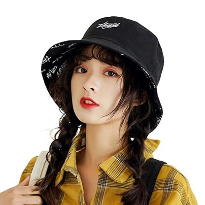 Packable Reversible Printed Bucket Hat Unisex for Men Women Beach Fisherman Cap - color: Black
