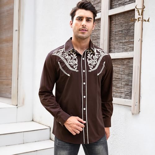 Western Shirts for Men Cowboy Shirts Long Sleeve Embroidered Country Shirt Slim Fit Button Down Shirt Casual Work - color: Coffee, size: Medium