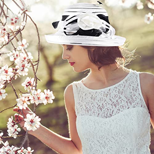 Ruphedy Women Derby Church Dress Bucket Hat Fascinators Tea Party Wedding Hat - color: S027-white