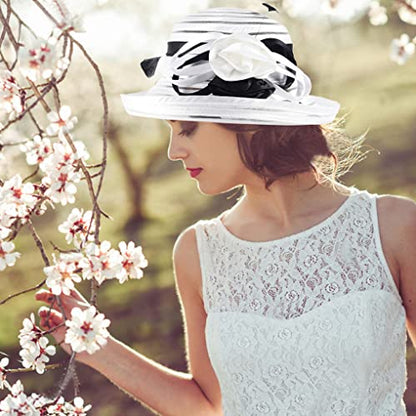 Ruphedy Women Derby Church Dress Bucket Hat Fascinators Tea Party Wedding Hat - color: S027-white