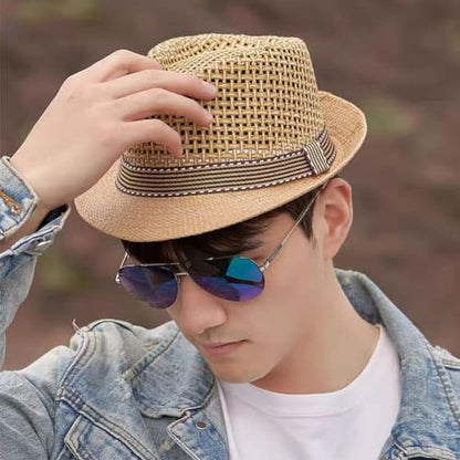 Straw Fedora Hat for Women Men Mesh Trilby Hat Panama Cuban Summer Beach Sun Outdoor - color: Khaki
