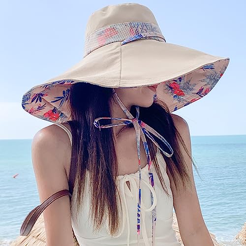 6" Extra Wide Brim Sun Hats UPF 50+ UV Protection Packable Beach Hat Strap Women - color: Khaki