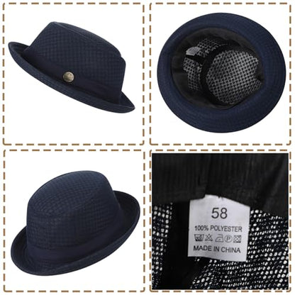 XGOPTS Unisex Summer Mesh Straw Porkpie Hat Trilby Jazz Fedora Panama Hats - color: Dark Blue