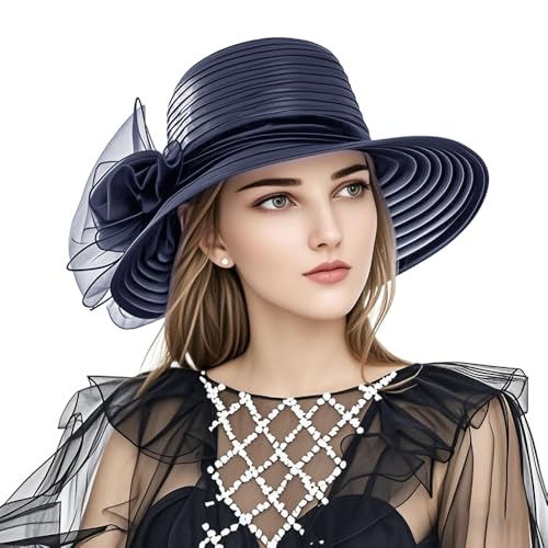Haoohu Women's Church Derby Hat Wide Brim Bow Bucket Hat Wedding Dress Hat Fascinator Bridal Tea Party Hat - color: Navy Blue