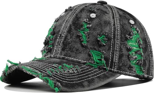 Distressed Washed Denim Baseball Cap Vintage Ripped Strapback Sun Hat for Men Women - color: Green
