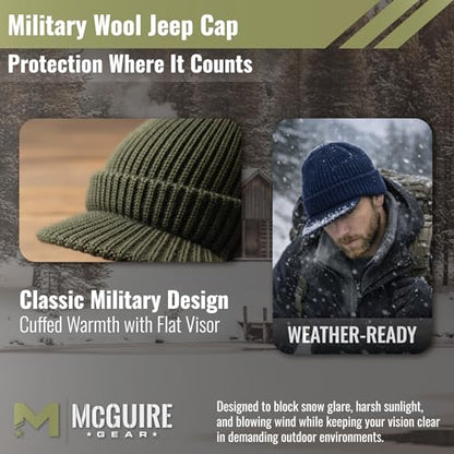 M MCGUIRE GEAR Genuine G.I. Winter Beanie Cap with Visor, 100% Wool Fitted Cap, Made in USA - color: Black