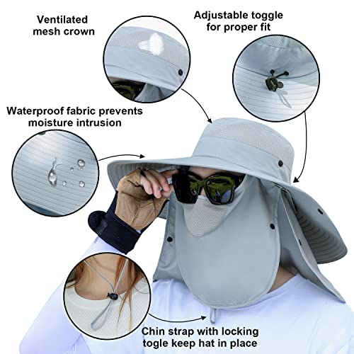 Women Wide Brim Face Mask Sun Hat Detachable Neck Face Flap Ponytail UV Protection Visor Hat Garden Fishing Hiking - color: Hyp008-lightgray