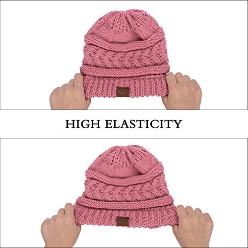 Rosoz 2 Pack Ponytail Beanie for Women,Winter Warm Beanie Tail Soft Stretch Cable Knit Messy High Bun Hat - color: 2pack-grey/Skin Pink