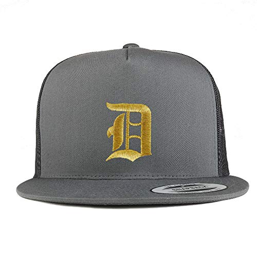 Trendy Apparel Shop Old English Gold D Embroidered 5 Panel Flatbill Trucker Mesh Cap - color: Charcoal
