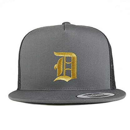 Trendy Apparel Shop Old English Gold D Embroidered 5 Panel Flatbill Trucker Mesh Cap - color: Charcoal