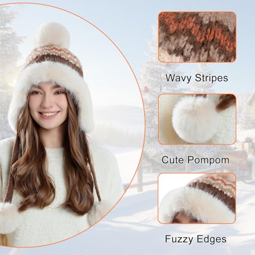 Women Winter Sherpa Beanie Hats Knit Ear Flap Hat Fleece Lined - color: Patterned Coffee