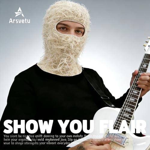 Distressed Ski Mask Balaclava, Yeat Shiesty Knitted Full-Face Mask - color: Beige