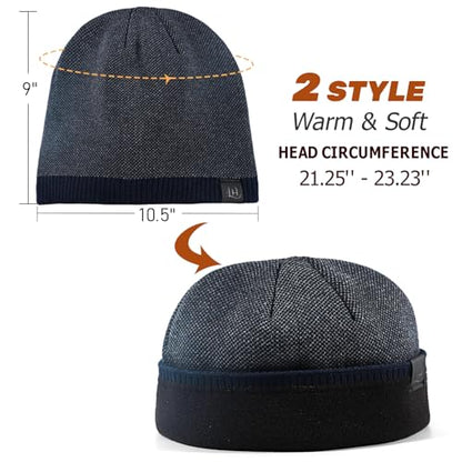 Fleece Lined Mens Beanie Scarf Set Thick Knit Winter Hat Neck Warmer Unisex - color: Navy Blue