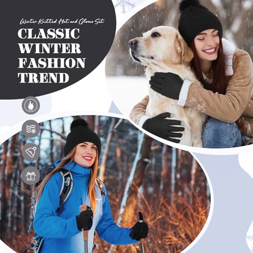 Womens Winter Fleece Lined Knitted Beanie Hat Glove Set, Warm Pom Pom Beanie Knit Cap Touchscreen Gloves for Women - color: Black