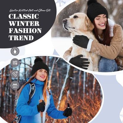 Womens Winter Fleece Lined Knitted Beanie Hat Glove Set, Warm Pom Pom Beanie Knit Cap Touchscreen Gloves for Women - color: Black