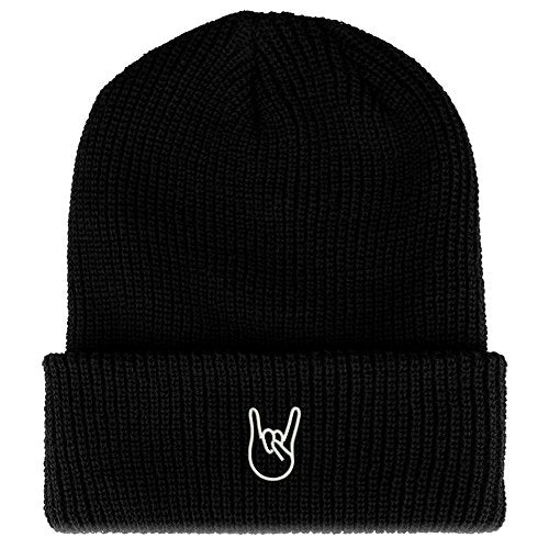 Trendy Apparel Shop Rock On Embroidered Ribbed Cuffed Knit Beanie - color: Black