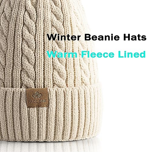 PAGE ONE Women Winter Pom Pom Beanie Hats Warm Fleece Lined Knit Hat Chunky Trendy Cute Cap - color: Beige-1