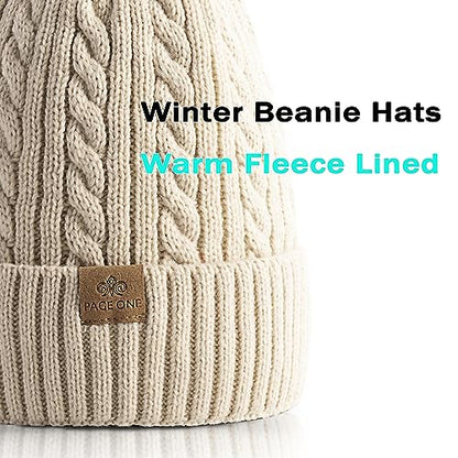 PAGE ONE Women Winter Pom Pom Beanie Hats Warm Fleece Lined Knit Hat Chunky Trendy Cute Cap - color: Beige-1