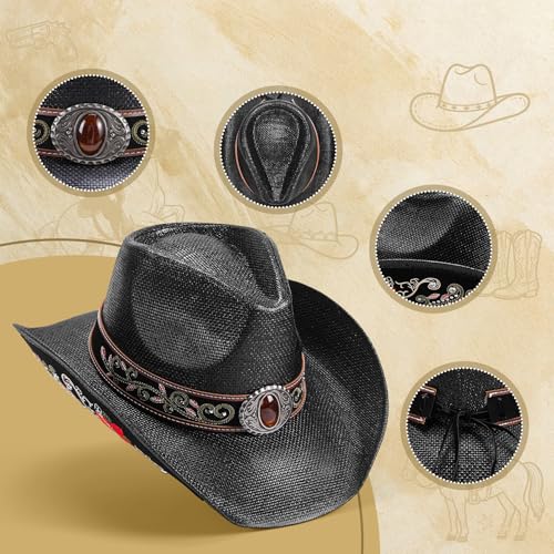 Straw Cowboy Hat for Men and Women Cowgirl Cowboys Cowgirls Woven Crease for Western Gift Gifts - color: Black Tradition Hat