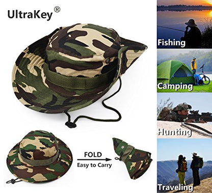Outdoor Wide Brim Sun Protect Hat, Classic US Combat Army Style Bush Jungle Sun Cap for Fishing Hunting Camping - color: Green Camouflage
