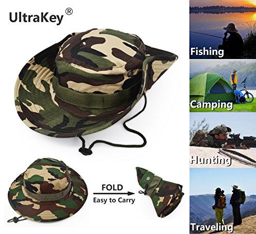 Outdoor Wide Brim Sun Protect Hat, Classic US Combat Army Style Bush Jungle Sun Cap for Fishing Hunting Camping - color: Green Camouflage